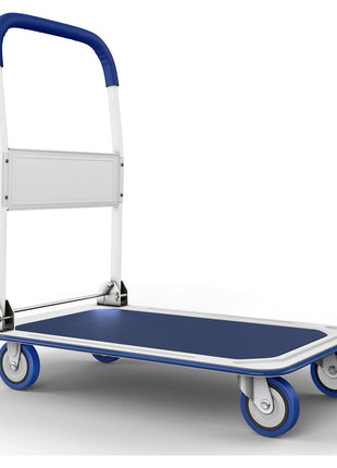 Heavy Duty Foldable Push Cart Dolly | 330 lbs. Capacity | Upgraded Collapsible Hand Truck Folding Platform with Swivel Wheels | Flat Bed Moving Wagon | Space Saving Push Handle (Blue)