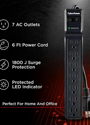 CyberPower CSB706 Essential Surge Protector, 1500J/125V, 7 Outlets, 6ft Power Cord