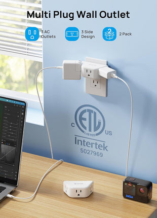 TROND Multi Plug Outlet Extender 2 Pack, Outlet Splitter for Bathroom | No Blocking with 3 Way Angled Design, ETL Listed, Cruise Essentials, Small Multiple Plug Adapter for Kitchen Office, White