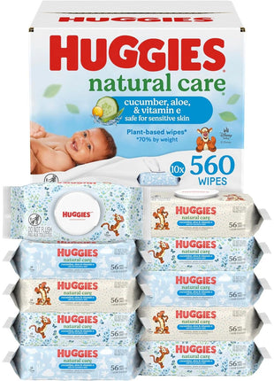 Huggies Natural Care Cucumber, Aloe and Vitamin E Baby Wipes, Hypoallergenic, Scented, 10 Flip-Top Packs (560 Wipes Total), Packaging May Vary
