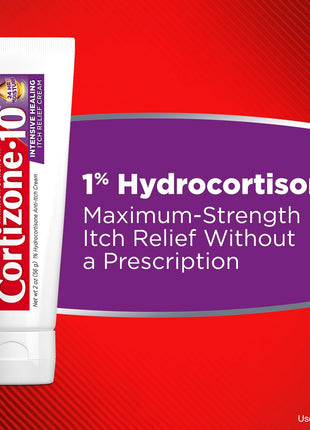 Cortizone 10 Maximum Strength Intensive Healing Itch Relief Cream, 1% Hydrocortisone, Fast Acting, Anti Itch Cream for Bug Bites, Rash, Eczema, Psoriasis, Poison Ivy, Oak, Sumac & More, 2 oz