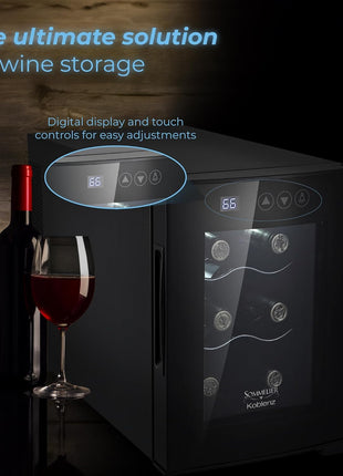 Koblenz EVFK-06 6-Bottle Free Standing Single Zone Fridge and Chiller, Wine | Thermoelectric Wine Cooler with Digital Display and Touch Controls, Black, Wine Bottles, EVFK-06, Great Value, For Gifts