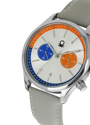 United Colors of Benetton Signature Analog Watch for Man with Silver Tone Round Dial & Grey Leather Strap Band Water Resistant Men's Wrist Watches - UWUCG2400