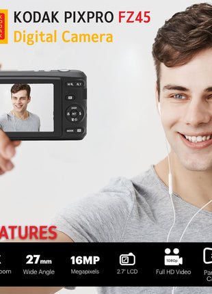 KODAK PIXPRO FZ45 16MP Digital Camera with 4X Optical Zoom 27mm Wide Angle and 2.7" LCD Screen Bundle with 32GB SD Memory Card, AA Batteries (4 Pack), Lens Cleaning Cloth (White)