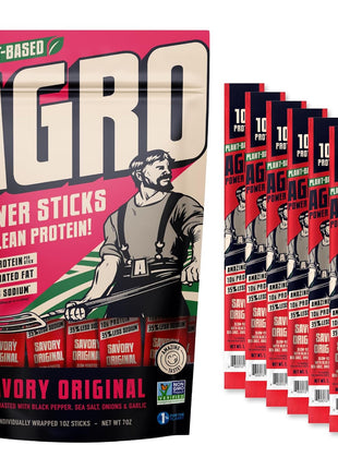 AGRO POWER Vegan Jerky Sticks, 10g Protein per Stick, Savory Original Plant-Based, 7 Stick Bag, Non-GMO, 40% Less Sodium, Zero Cholesterol, Meat Alternative, High Protein Snack for Lunch, On-the Go Fuel