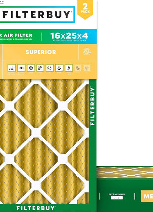 Filterbuy 16x25x4 Air Filter MERV 11 (MPR 1200) Allergen Defense Replacement (2-Pack), Electrostatic Pleated HVAC AC Furnace Filters, Made in USA (Actual Size: 15.50 x 24.50 x 3.63)