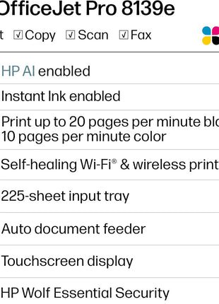 HP OfficeJet Pro 8139e Wireless All-in-One Color Inkjet Printer, Print, scan, Copy, fax, ADF, Duplex Printing Best-for-Home Office, 1 Year Instant Ink Trial Included, AI-Enabled (40Q51A)