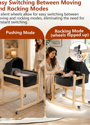 Bassinet Stand, Movable and Rocking Wooden Bassinet Stand Compatible with Uppababy Cribs