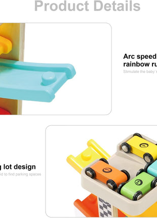 Toddler Toys for 1 2 Year Old Boy and Girl Gifts Wooden Race Track | Wooden ramp racer with 4 numbered mini cars and top parking; for indoor play, visual tracking, turn-taking, and repeat play