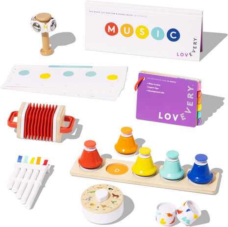 LOVEVERY | The Music Set | 6 Montessori Musical Instruments & Rhythm Book | Educational Toys for Toddlers & Preschoolers | Simple Songs and Play Guide | Ages 18 Months to 4+ Years