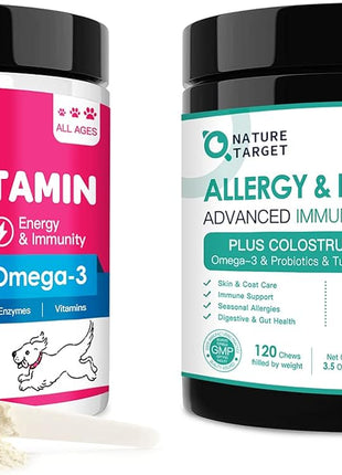 NATURE TARGET Dog Vitamins Powder, Probiotics & Digestive Enzymes for Gut Health, Dog Allergy Relief Freeze Dried Chews, with Probiotics, Colostrum, Anti Itch & Seasonal Allergies & Scratching