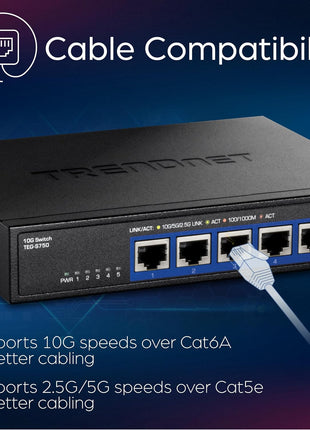 TRENDnet 5-Port 10G Switch, TEG-S750, 5 x 10G RJ-45 Ports, 100Gbps Switching Capacity, Supports 2.5G and 5G-Base-T Connections, Ethernet Splitter, NDAA & TAA Compliant, Lifetime Protection, Black