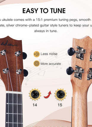ADM Ukulele Beginner Kit Mahogany Hawaiian Wood Ukelele Bundle Ukalalee Set with Uke Free Starter Lessons for kids Students and Adults, Yellow Brown (Khaki, 21 inch)