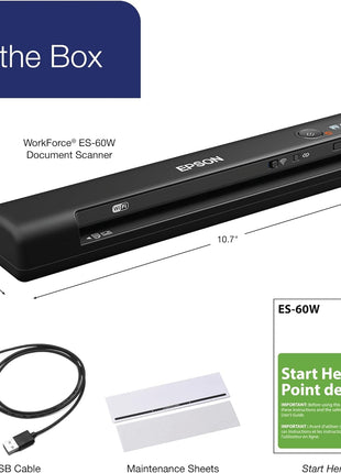 Epson Workforce ES-60W Wireless Compact Mobile Document Scanner | PC Mac iOS Android 4 Second Scan Speed Battery Powered Mobile Sheet-Fed Scanner with OCR Software