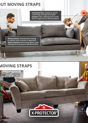 X-Protector Moving Straps - 2 Pairs - Red Lifting Straps for 2 Movers | Move Furniture Easily and Safely - Perfect for Lifting & Moving Heavy Objects (Adjustable Length 50-118", with Back Support)