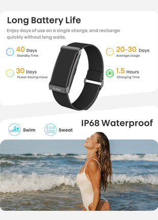 Smart Bracelet, Health Fitness & Activity Tracker with All-Day Continuous Heart Rate/Blood Pressure Monitor, Sleep Tracker, 170+ Sport Modes, 60 Day Battery & Free App, IP68 Smart Band for Android IOS