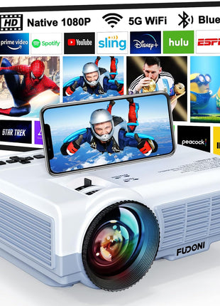 FUDONI Projector with 5G WiFi & Bluetooth, Native 1080P 18000L Portable Movie Projector for Home Theater Outdoor, Built-in Speaker, Compatible with HDMI, USB, AV, Fire Stick, Laptop, iOS, Android, PS5