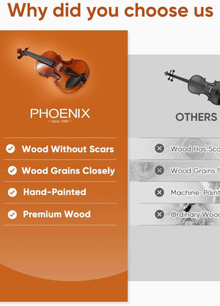 PHOENIX Violin 4/4 Full Size Kit, Violin Fiddle Set for Beginner Adults Student with Rosewood Bow Extra Strings & Bridge (Natural, 4/4)
