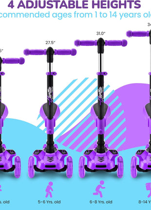 Hurtle 3-Wheeled Scooter for Kids - Wheel LED Lights, Adjustable Lean-to-Steer Handlebar, and Foldable Seat - Sit or Stand Ride with Brake for Boys and Girls Ages 1-14 Years Old