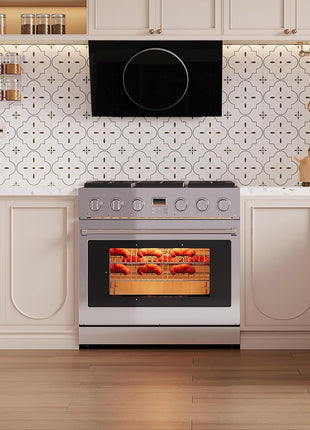 36 Inch Freestanding Dual Fuel Range Oven Stove, 6.0 Cu. Ft True Convection and Self Clean, Cooktop 6 Sealed Gas Burners, Stainless Steel