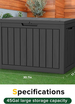 45 Gallon Waterproof Deck Box, Lockable Resin Storage Box for Patio Furniture Cushions, Garden Tools & Outdoor Delivery - Black, Easy Assembly, Multipurpose Patio Seat Bench