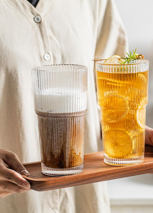 INSETLAN 20 oz Ribbed Glass Tumblers with Lids and Glass Straws – 4-Piece Glassware Set, Thickened Wall, Ideal for Iced Coffee, Smoothies, Cocktails, and Juices – Elegant and Durable Drinkware