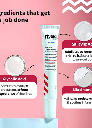 Rivela Dermascience AHA BHA Scar and Spot Correction Gel By Cipla | Clarifying Gel For Acne Prone Skin | Clears Post Acne Spots and Scars | Evens Out Fine Lines | 15 ml | Pack of 1