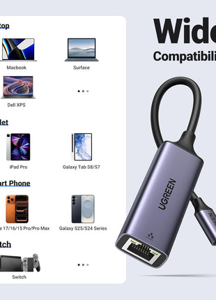 UGREEN USB C to Ethernet Adapter, Plug and Play 1Gbps Aluminum Adapter | (Thunderbolt 4/3 Compatible) to RJ45 Network Dongle, Compatible for MacBook Pro/Air, iPhone 17 Pro/Max, iPad, XPS