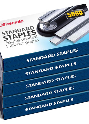 Officemate Standard Staples - Chisel Point Tips, 5 Boxes of 5,000 Staples, 1/4-Inch Leg Length, Universal Compatibility, Office Supplies and School Supplies for Everyday Paper Fastening