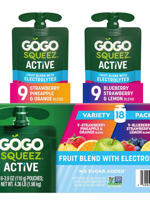 GoGo squeeZ Active Fruit Blend with Electrolytes | 18-Count Variety Pack | Blueberry Strawberry Lemon & Strawberry Pineapple Orange | Made with Real Fruit and Antioxidants Vitamin A, E, & C?