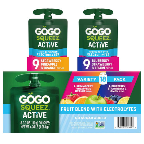 GoGo squeeZ Active Fruit Blend with Electrolytes | 18-Count Variety Pack | Blueberry Strawberry Lemon & Strawberry Pineapple Orange | Made with Real Fruit and Antioxidants Vitamin A, E, & C?