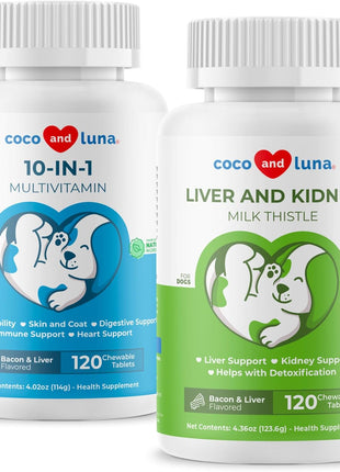 Milk Thistle + 10 in 1 Multivitamin for Dogs - Liver Support, Skin and Coat Health, Digestive Health, Hip and Joint Support and Heart Health.