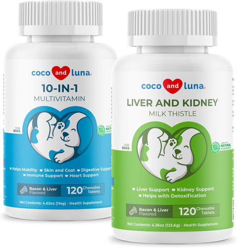 Milk Thistle + 10 in 1 Multivitamin for Dogs - Liver Support, Skin and Coat Health, Digestive Health, Hip and Joint Support and Heart Health.