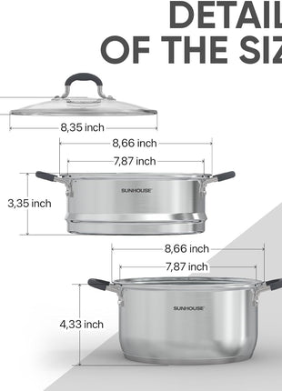 SUNHOUSE 3.1 QT Stainless Steel Steamer Pot for Cooking Vegetables | Steaming Pot with Glass Lid & Steamer Basket - 2 Tier Tri-ply Stovetop Steamer For Vegetable, Veggie - Induction Compatible