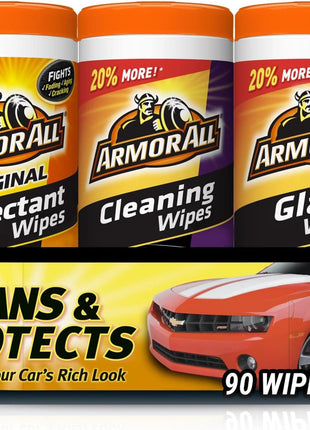 Car Wipes Multi-Pack by Armor All, Cleans Vehicle Interior and Exterior, Includes Armor All Protectant Wipes, Glass Wipes, and Cleaning Wipes, 3-Pack, 30 Car Wipes Each