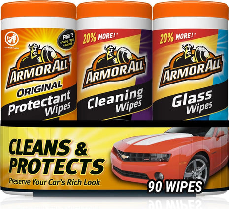 Car Wipes Multi-Pack by Armor All, Cleans Vehicle Interior and Exterior, Includes Armor All Protectant Wipes, Glass Wipes, and Cleaning Wipes, 3-Pack, 30 Car Wipes Each