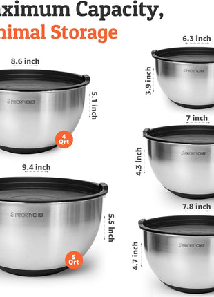 Priority Chef Premium Mixing Bowls With Lids Set, Airtight Lids, Thicker Stainless Steel Mixing Bowl Set, Large Prep Metal Bowls, Nesting Bowls for Kitchen, 1.5/2/3/4/5 Qrt, Black