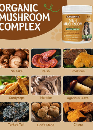 Turkey Tail for Dogs - 9 Organic Mushroom Supplement, Turkey Tail Mushroom for Dogs - Gut, Skin, Joint, Immune Health- Dog Lumps & Bumps