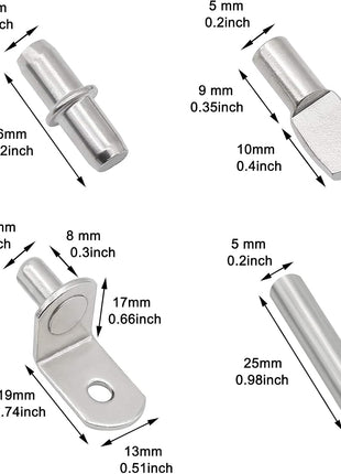 104Pcs Shelf Pins Kit,4 Styles Nickel Plated Shelf Support Pegs,Bookshelf Pegs for Shelves,Cabinet Shelf Bracket Pegs Shelf Pins Holders for Kitchen Furniture & Closet ( 5mm & 1/4inch )