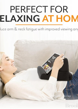 Brookstone Tablet Lap Cushion - Tablet and Phone Holder for Bed, Flights, and Travel, Two Angled Memory Foam Lap Desk for Reading and Hands Free Viewing, Compatible iPad and Kindle Accessories, Black