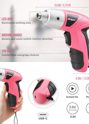Hi-Spec Small Electric Screwdriver, Mini Drill Set, Rechargeable 3.6V Cordless Screwdriver with 26 Driver Bits, Power Tool for Small Projects & Home Use, Pink