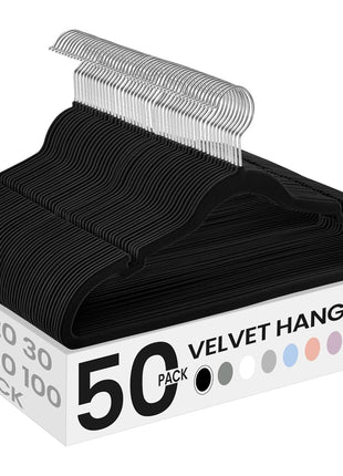 SONGMICS Velvet Hangers 50 Pack, Non-Slip Clothes Hangers, Suit Hangers with Shoulder Notches, Pants Bar, 360° Swivel Hook, Space-Saving, for Closet, Ink Black UCRF029B05