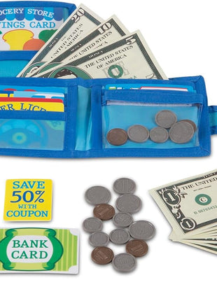 Melissa & Doug Pretend-to-Spend Toy Wallet With Play Money and Cards (45 pcs), Blue - FSC Certified