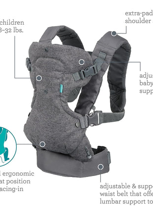 Infantino Flip 4-in-1 Convertible Baby Carrier, Adjustable, Ergonomic Babywearing, Registry Essential, Baby Carrier for Newborn to Toddler, Gray