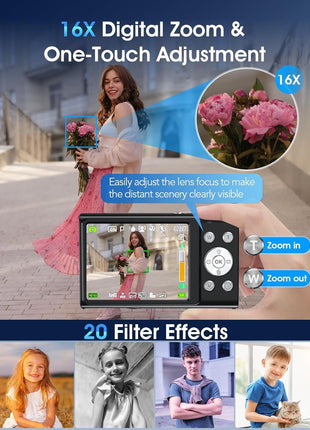 Digital Camera,Autofocus 4K Vlogging Camera for Photography with 32GB Card,48MP Portable Compact Point and Shoot Digital Camera for Teens Adult Beginner with 16X Zoom,Anti-Shake,2 Batteries(Black)