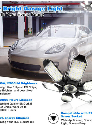 Garage Lights - 2Pack Super Bright 32000LM LED Garage Ceiling Light 6500K LED Shop Light w/ 6 Deformable Panels Screw in E26/E27 Socket Light Bulbs for Workshop Storage Warehouse Attic