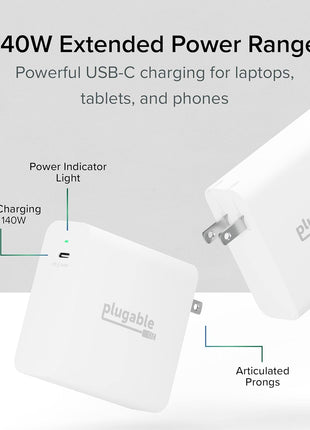 Plugable 140W USB C Charger, GaN Wall Charger for Laptop, PD 3.1 (EPR) Power Adapter, Compatible with MacBook Pro, MacBook Air iPad Pro, Surface and USB-C Devices