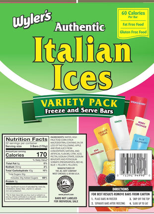 Wyler's Authentic Italian Ice, Fat Free Freezer Bars, Assorted Flavors (96ct - 2oz bars)