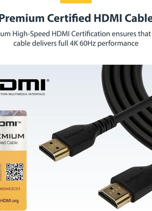 StarTech.com 5ft (1.5m) Slim HDMI Cable, Flexible Premium HDMI 2.0 Cord with Ethernet, UHD 4K 60Hz HDR10, Durable Aramid Fiber Design with TPE Jacket