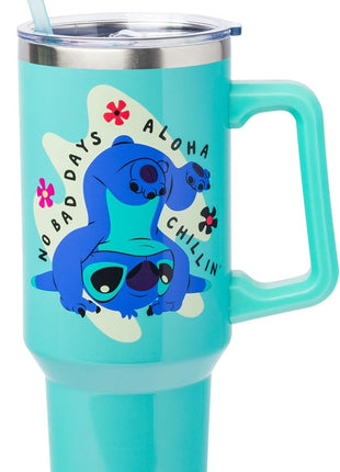Silver Buffalo Disney Lilo and Stitch Aloha, Stainless Steel Tumbler, 40oz | Double Walled, Handle and Straw, Fits in Standard Cup Holder, Drinkware, Water Bottle, No Bad Days Chillin, Blue, 1.18 Liters